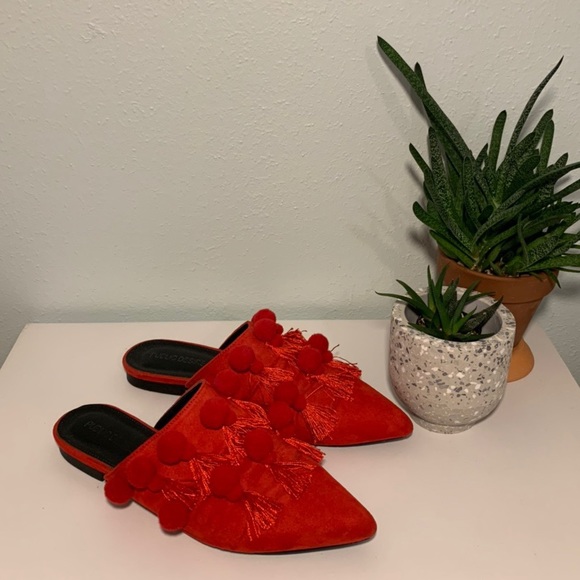 Public Desire Shoes - Public Desire Red Pom Pom Flat Mules